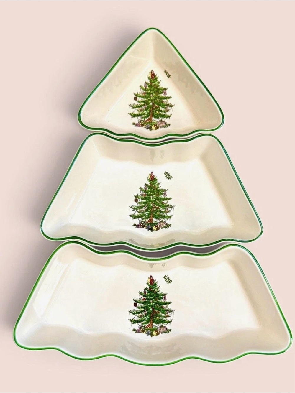 Festive Green-Trim Ceramic Tree Serving Platter Set Christmas New in Box